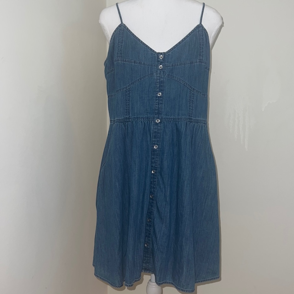 Express Denim Spaghetti Strap Dress with Buttons